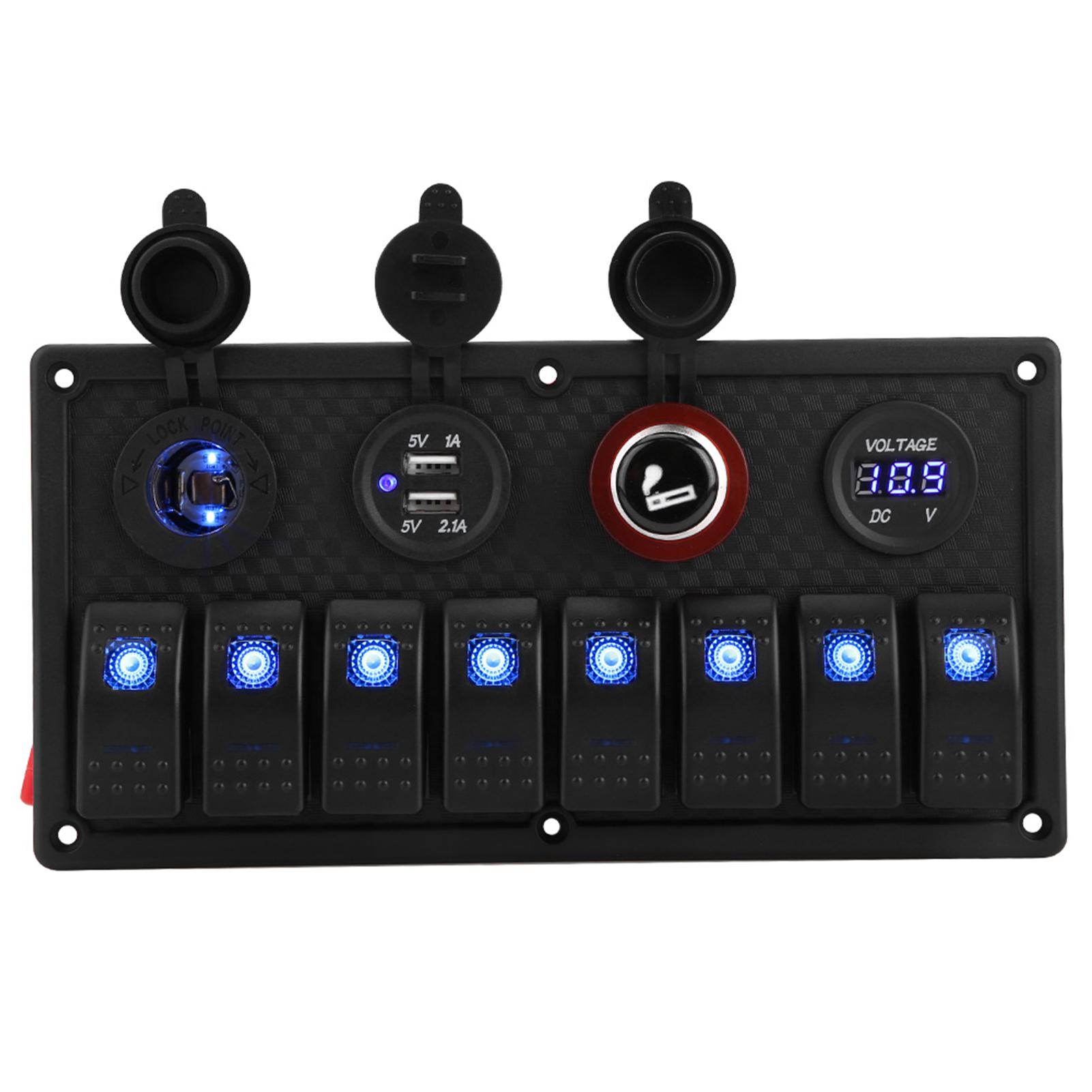 

12V 24V 8 Gang Car Boat LED Rocker Switch Control Panel Dual USB Voltmeter Cigarette Lighter