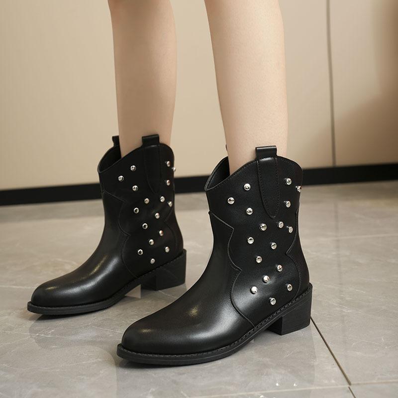 Large size winter women's boots new rivets decorative trend pointed thick heel sleeve Martin boots women