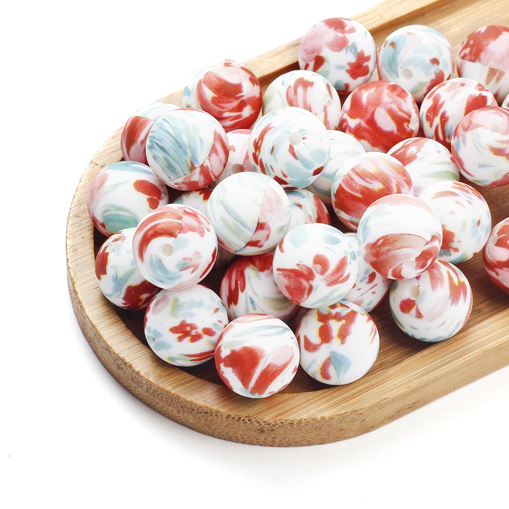 10Pcs 15mm New Silicone Beads Round Print Colorful Spacer Beads Food Grade Baby Nursing Necklace Pacifier Chain Teether Toys