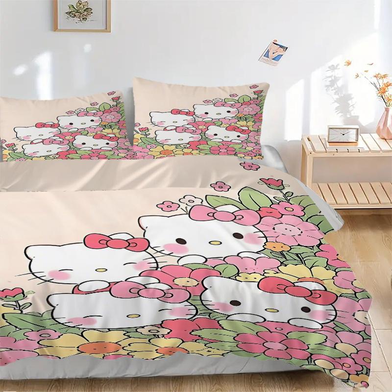 

3pcs cartoon Kitty in a Field of Flowers Pattern Bedding Three-Piece Set (No Fillings), This Printed Bedding Set Is Soft and Comfortable H038 135x200cm