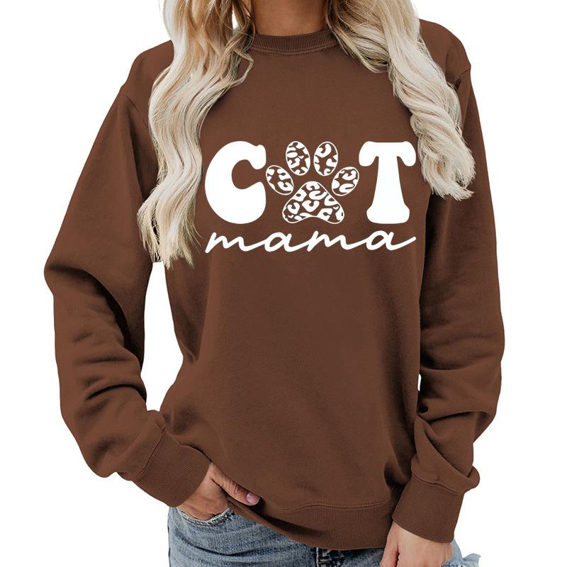 Women's Fashion Round Neck Long Sleeve Colorful Cat  Letter Top Sweatshirt