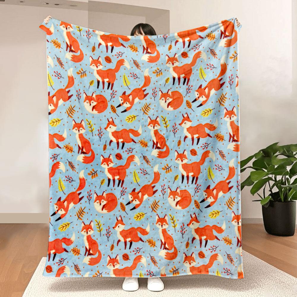 Autumn Fox Printed Throw Blanket - Light Blue Background with Orange Foxes, Yellow/Orange Leaves & Brown Pinecones, Whimsical 75X95CM