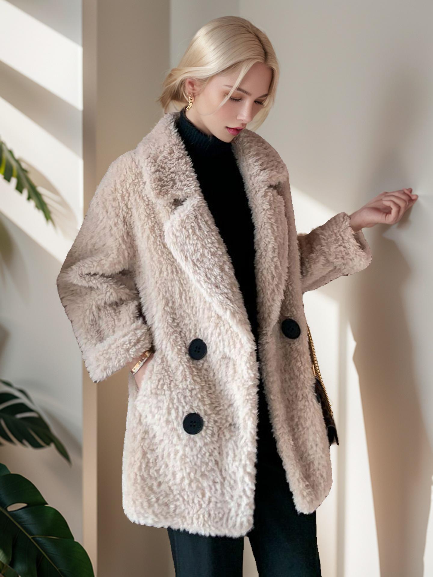 

2024 Трансграничное Утолщенное Пальто Миди из Овечьей Шерсти: Осенне-зимняя верхняя одежда свободного кроя, молодежного стиля. 4XL абрикосовый