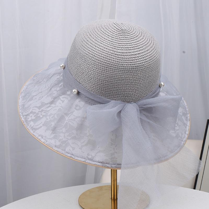 New lace mesh bow mesh hat women's breathable hollow sunshade straw hat seaside vacation sunscreen hat