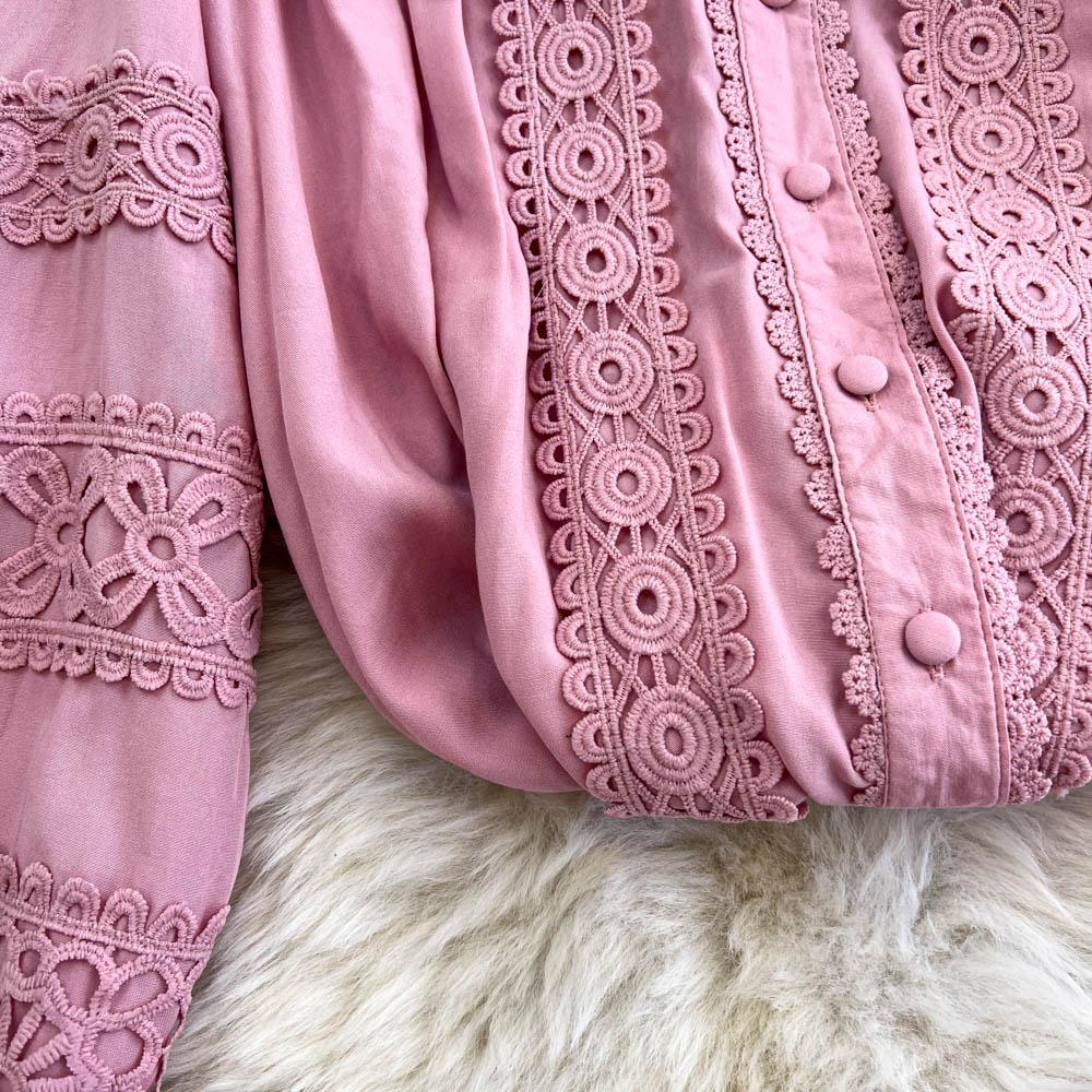 Lace Panel Long Sve Irt And High Waist Flared Skirt Set Women's Faion Ensemble Hollow Out Design Slimming Women Suit 2 Pieces Set