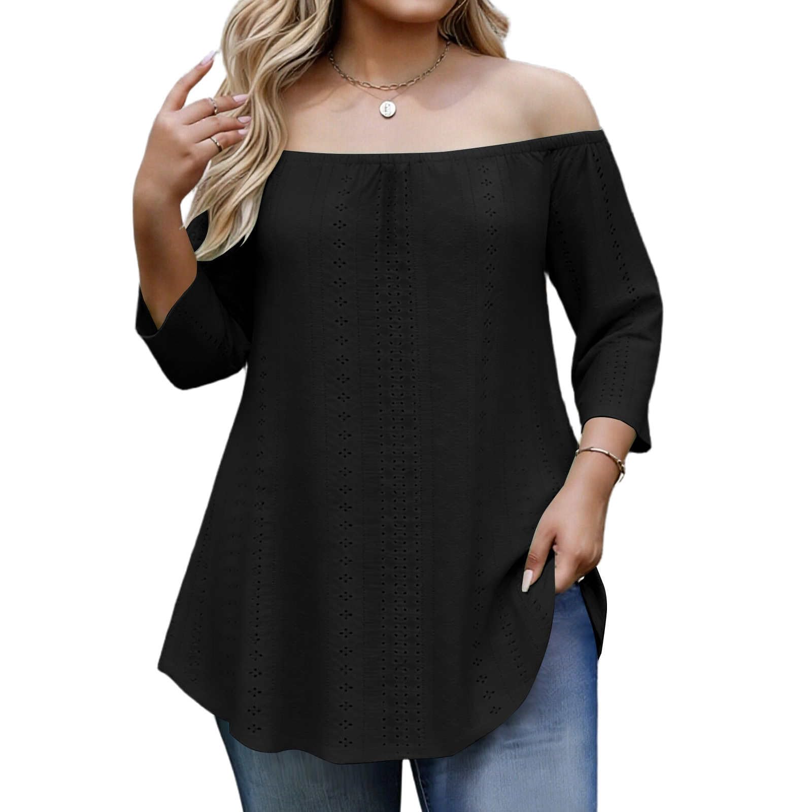 

Women Dressy Off The Shoulder Plus Size Blouse Loose Fit Casual Going Out Tops 3/4 Sleeve Tops XXXL чёрный