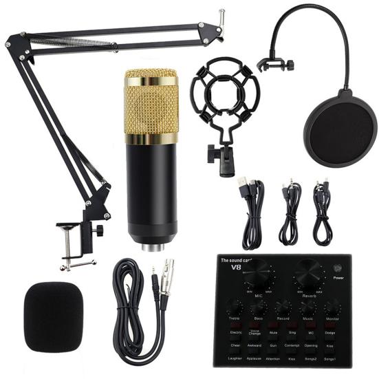 1 Set V8+BM800 Condenser Microphone Foldable Low Noise Portable Studio Recording Mic Sound Card for KTV