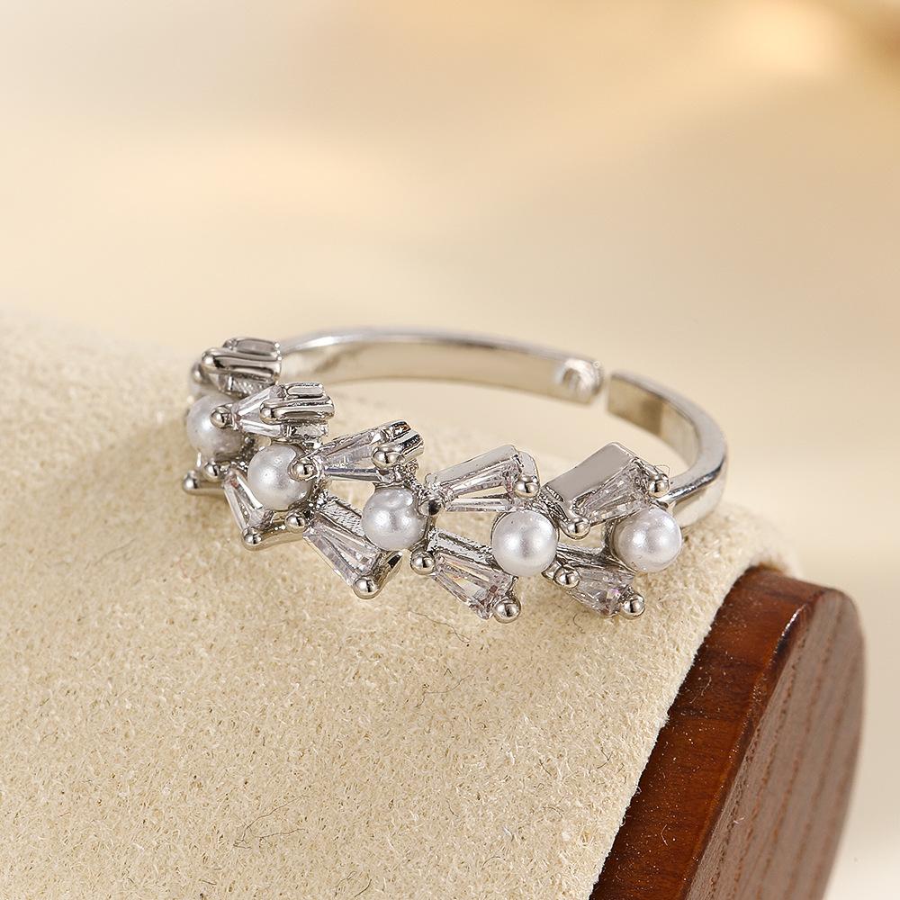 Irregular Zircon Ring for Women Double Row Pearl Geometric Open Adjustable Ring Fashion Wedding Anniversary Jewelry Accessories