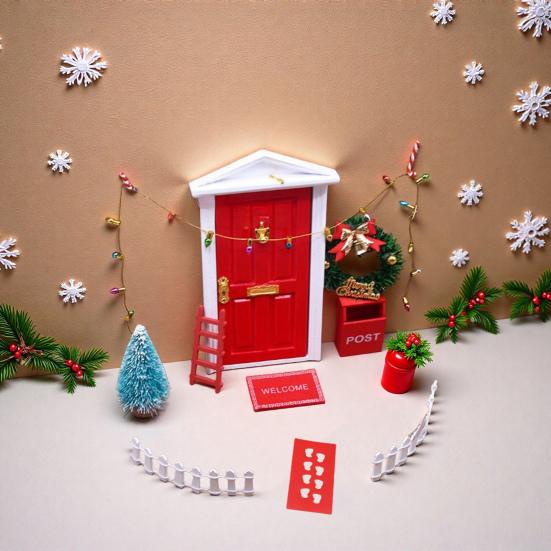 Yousheng 11Pcs Doll Houses Miniature Christmas Decor Set Plastic Tree Lights Wreath Mailbox Fairy Doors DIY Scene Kit Red Themed for 1:12 Scale