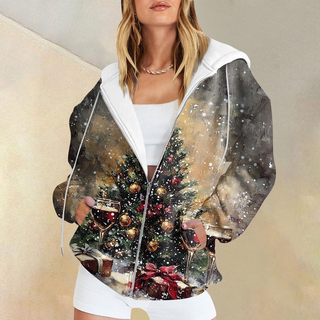 Women's Long Sleeve Christmas Print With Pockets Cardigan Zipper Hooded Sweatshirt Jacket