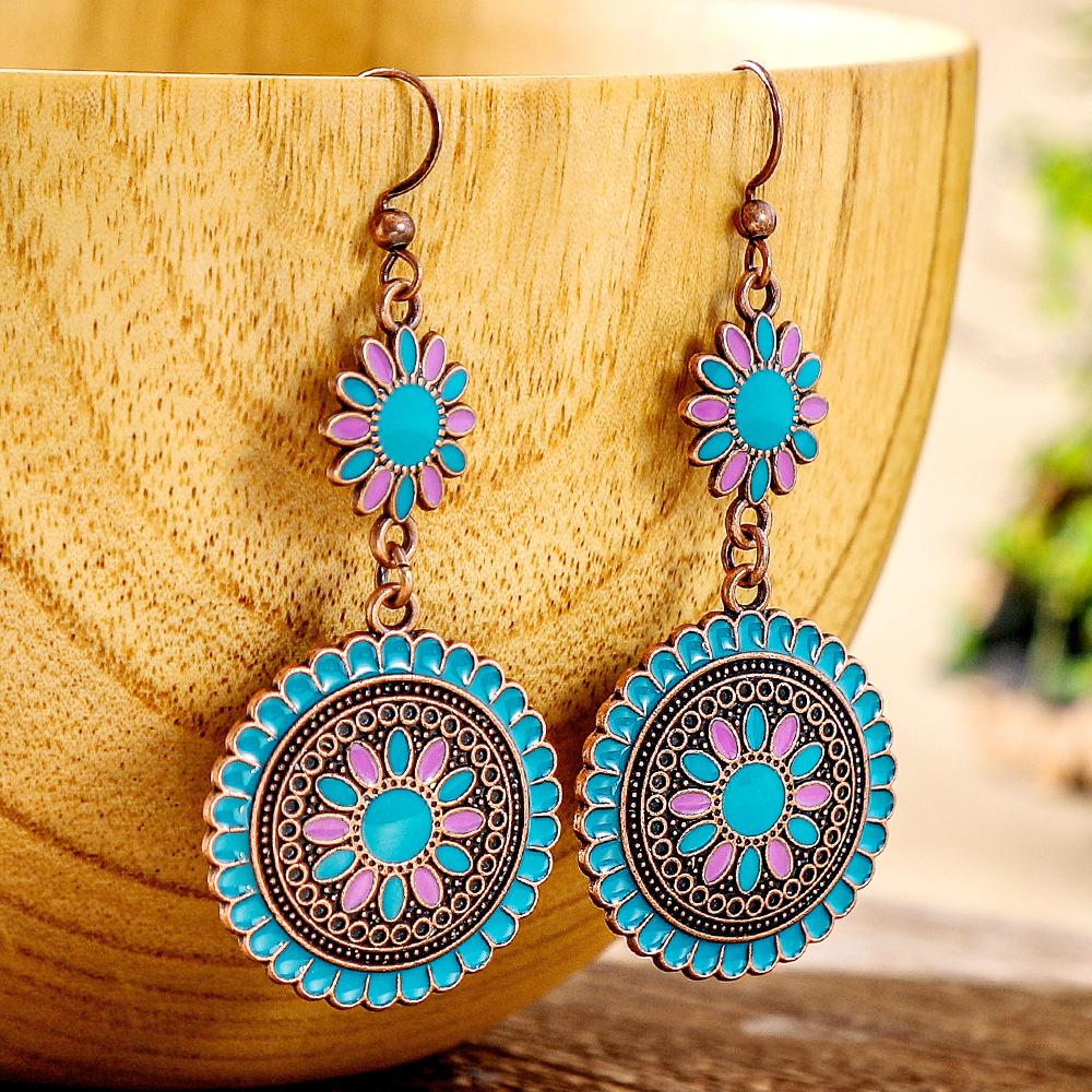 12 Colors Ethnic Vintage Enamel Sun Flower Earrings for Women Elegant Fresh Dangle Earrings Boho Vacation Party Jewelry