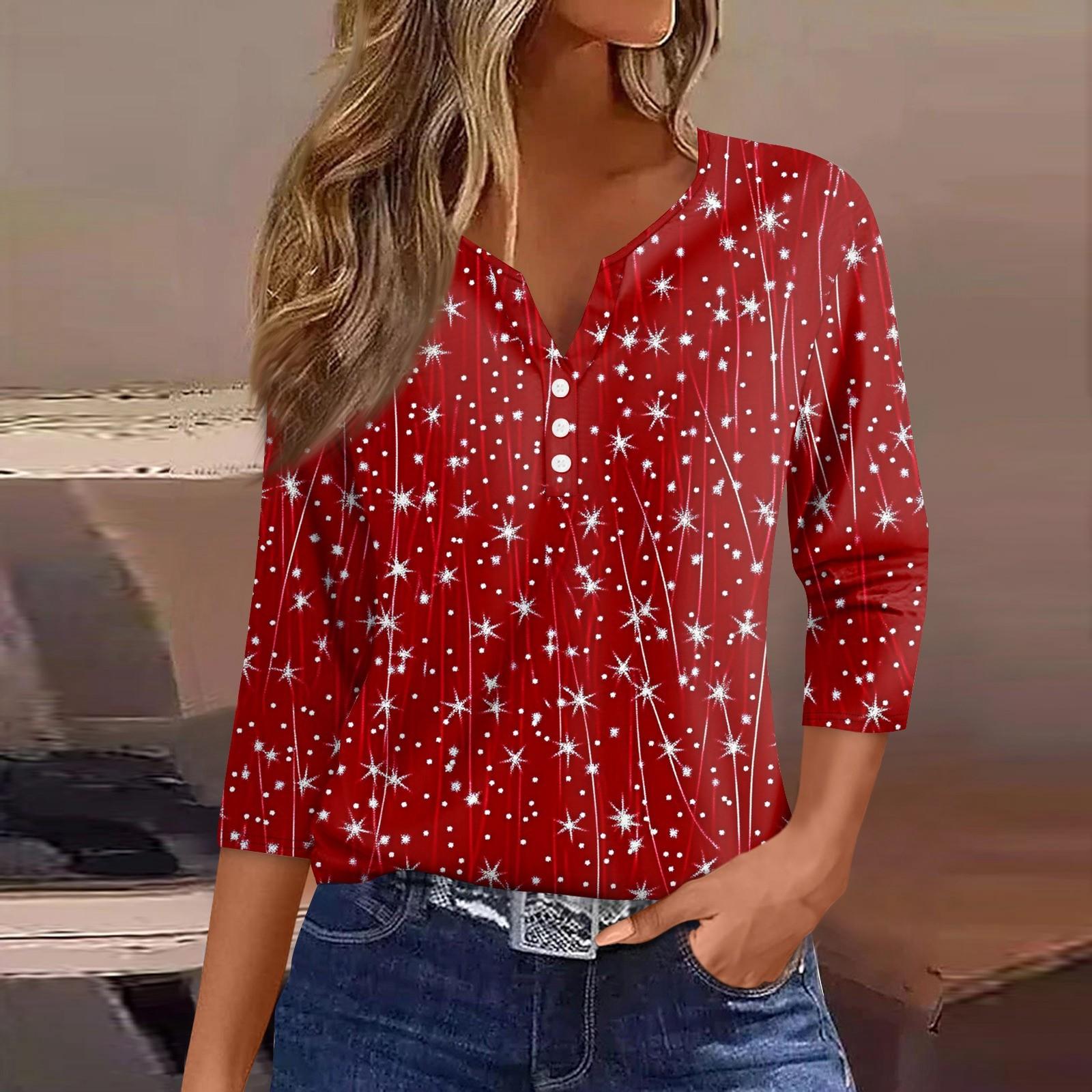 

Женская футболка с рождественским принтом, на пуговицах, рукав 3/4, повседневная мода на выходные, базовый топ с V-образным вырезом M
