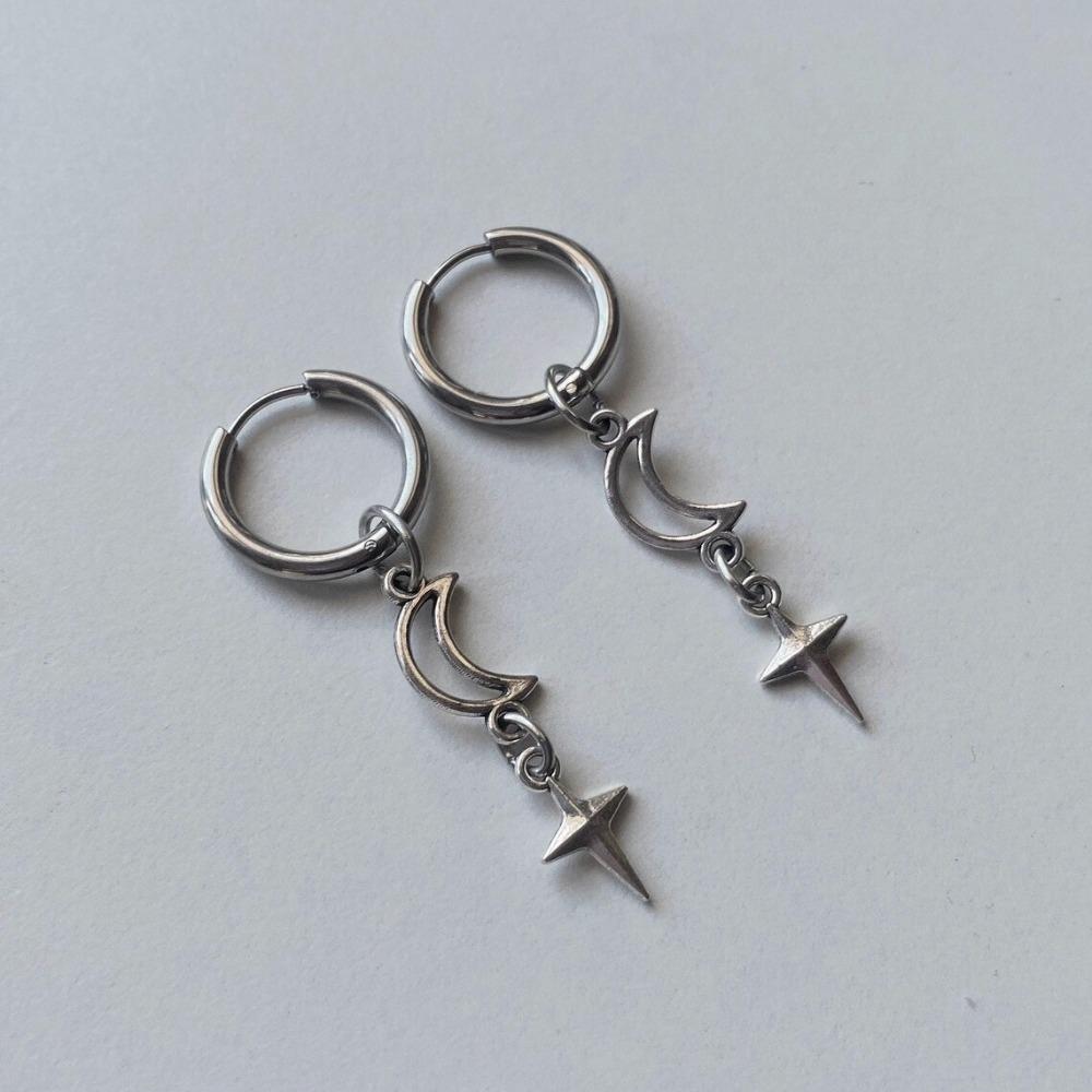 Y2K Hip-hop Silver Color Star Moon Dangle Hoop Earrings for Men Women Stainless Steel Gothic Punk Celestial Jewelry Accessories