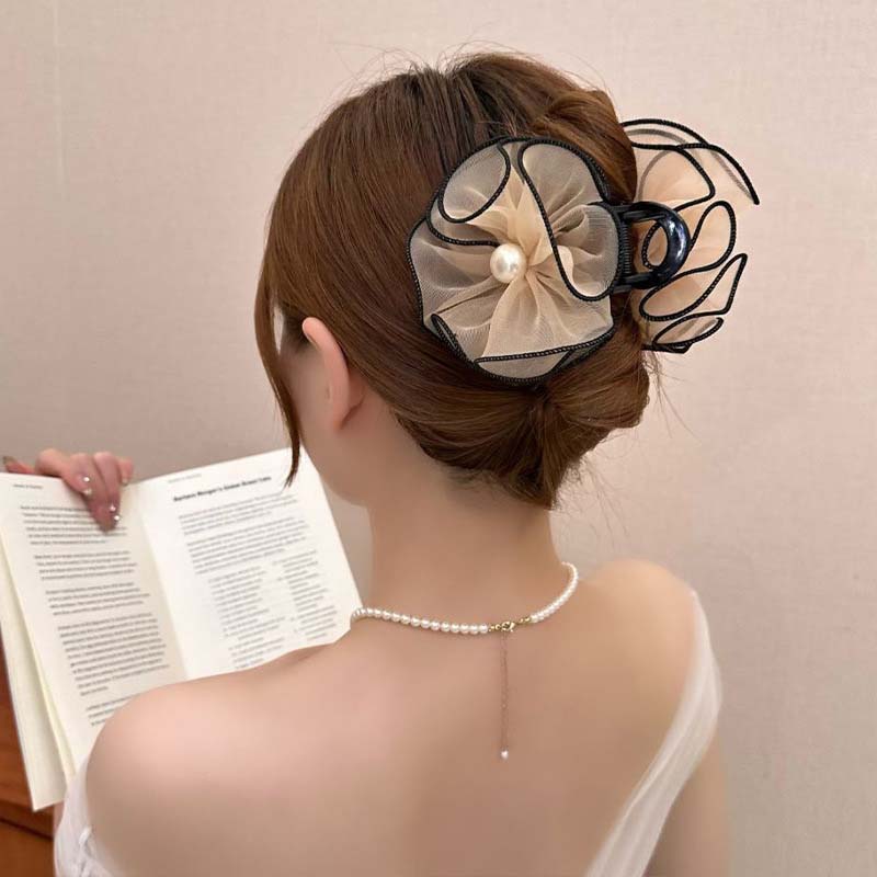 Vintage Schwarze Netzblume Perle Haarspange Für Damen Elegant Schleife Pferdeschwanz Zopf Haarspange Kopfschmuck Haarschmuck