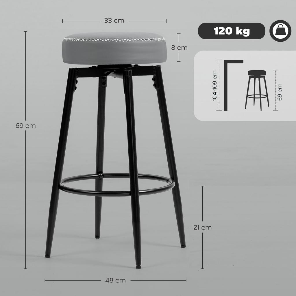 Set of Two Faux Leather Bar Stools - Grey/Black