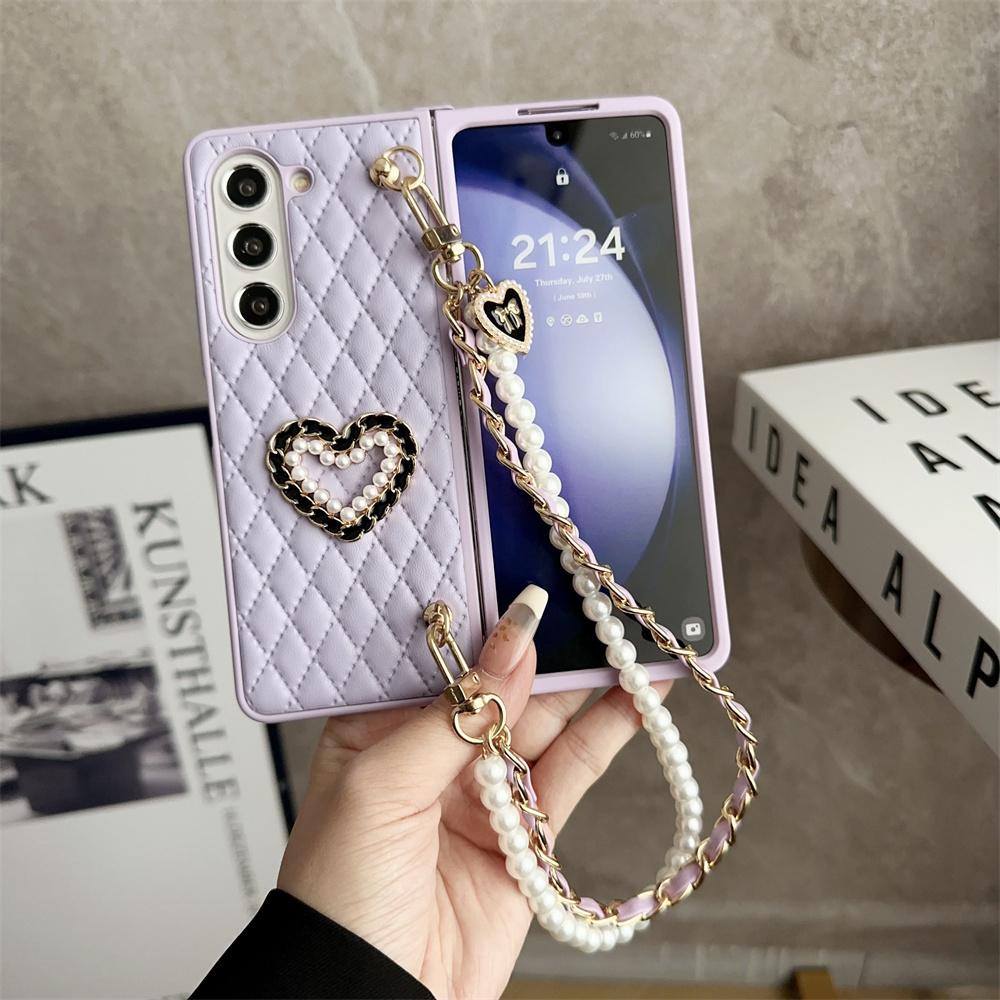Leather Love Heart Hand Chain Case For Samsung Z Fold 5 4 3 Pearl Cover For Galaxy Z fold 4 z fold3 Soft Shockroof Case