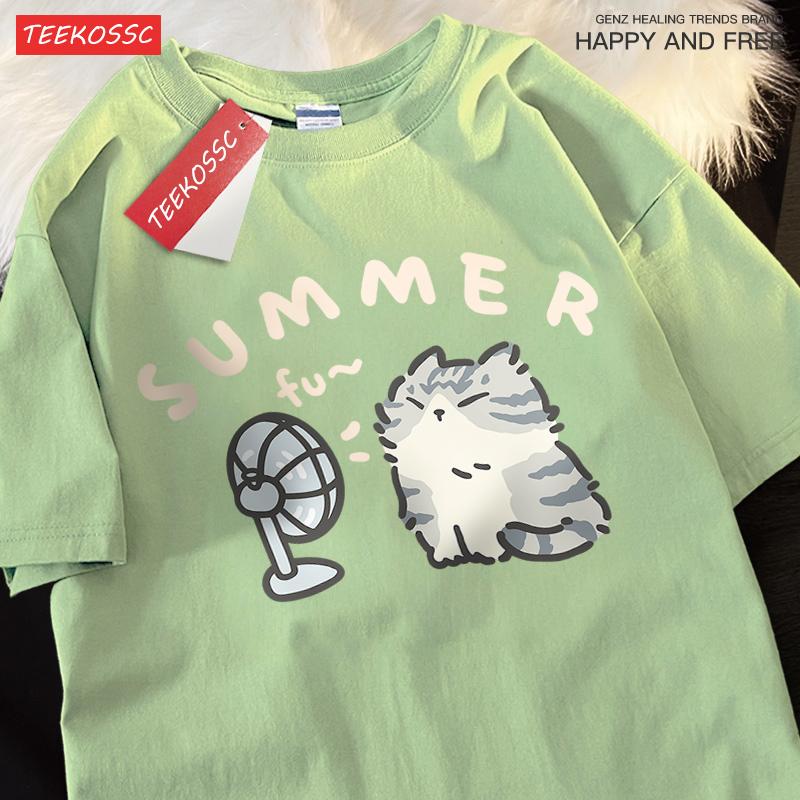 American Street Creative Blow Fan Cat Pure Cotton T-shirt for Men Women Summer Relaxed Short Sleeve Couple Wear Harajuku Top Tee