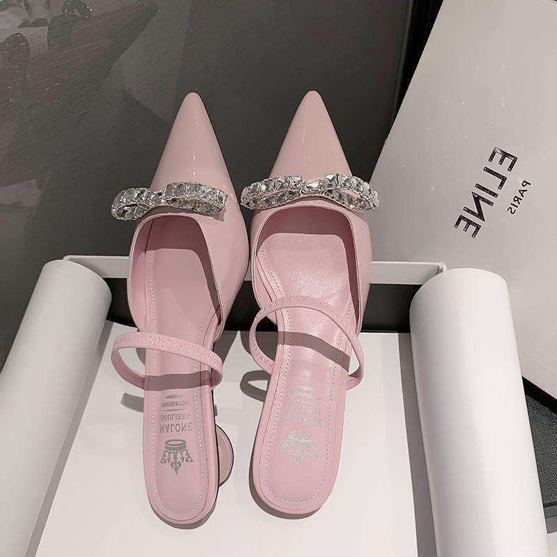Nai Jiu Princess Pink~ Giant Beauty! Patent Leather Pink Half Pack Head Cool Slippers Women Wear Summer Silver Pointed Shoes