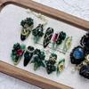 Exquisite Fairy-like Black & Green 11-Finger False Nails: Medium-Long, Pointed, Handmade, Beautiful Art