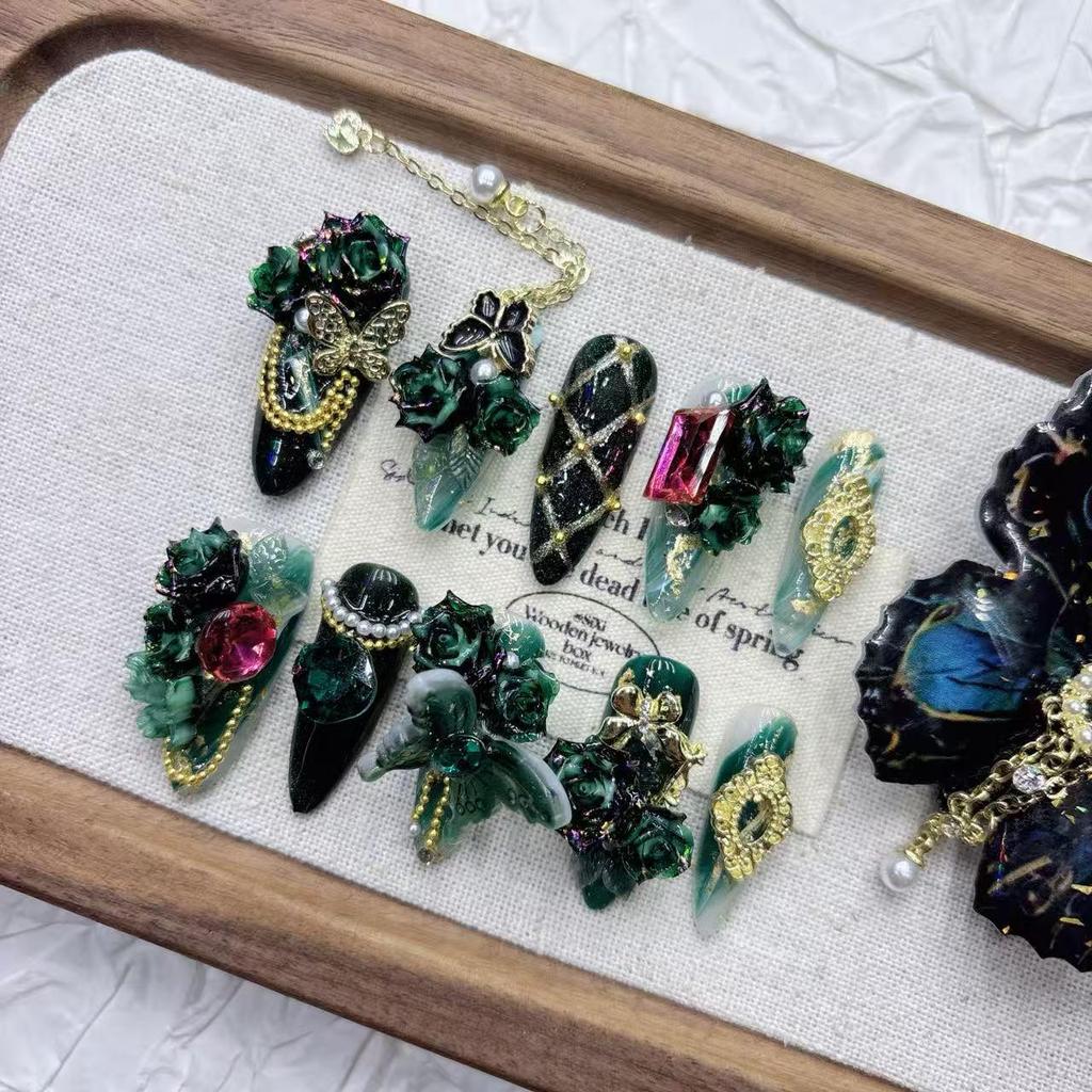 Exquisite Fairy-like Black & Green 11-Finger False Nails: Medium-Long, Pointed, Handmade, Beautiful Art