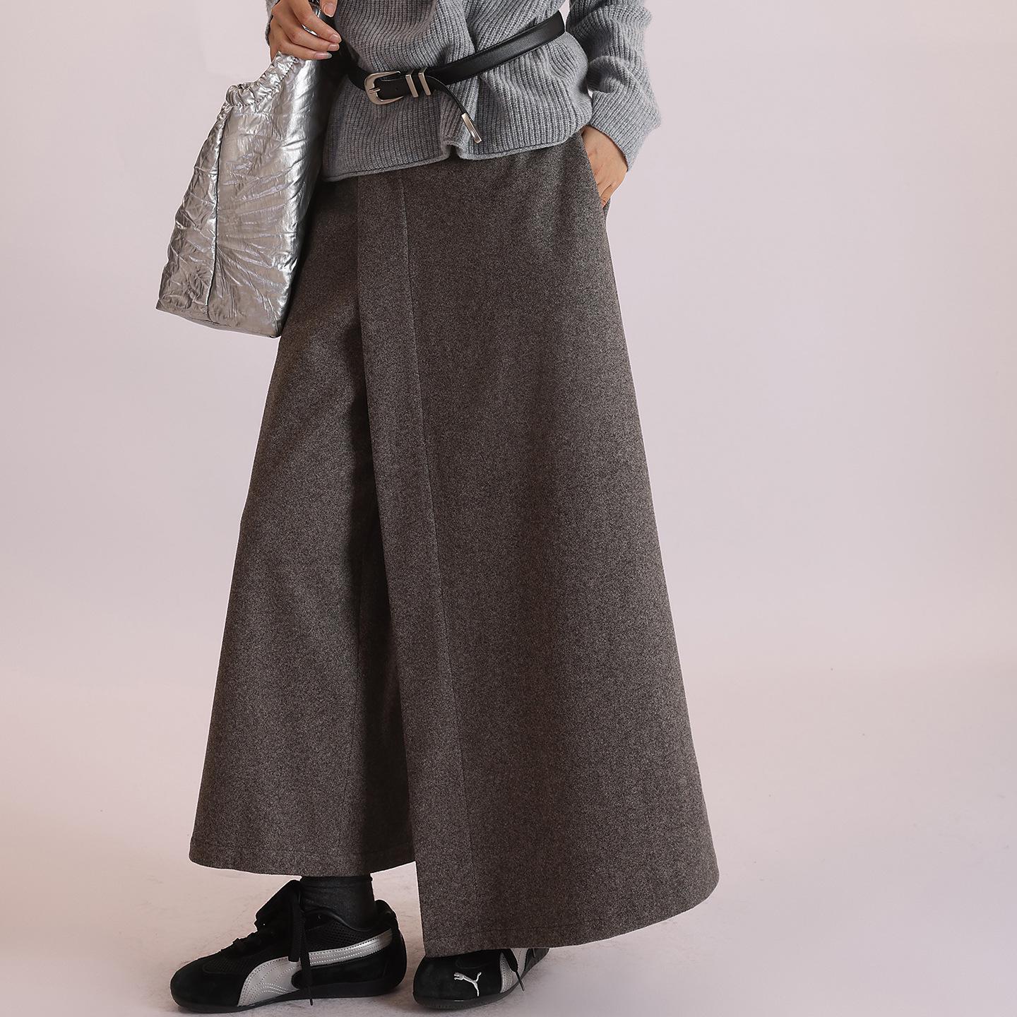 

Dark Gray Patchwork Woolen Wide-Leg Bootcut Trousers Skirt for Autumn/Winter Small темно-серого