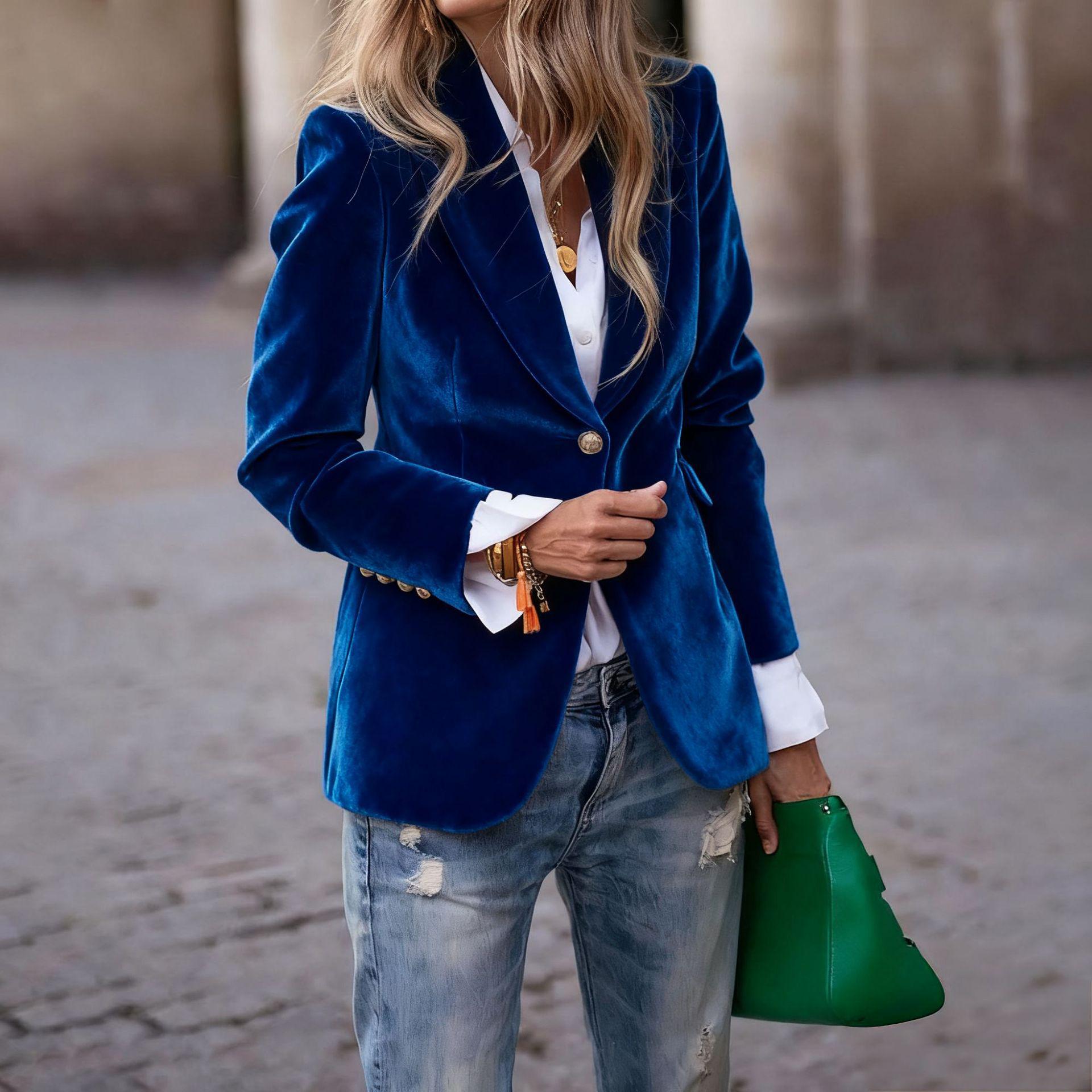 

2025 European and American Style Velvet Elegant Slim Fit Blazer with Fake Pockets XL