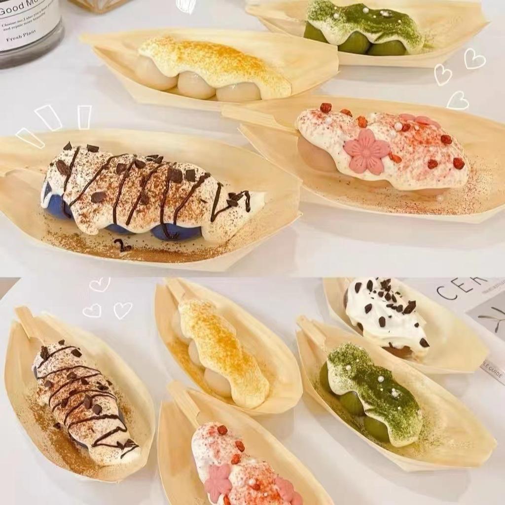 Disposable Paper Boat Box Wooden Bark Boat Japanese Small Boat Sushi Container Takeaway Boat‑Shaped Box for Dessert Mizu Shingen Mochi