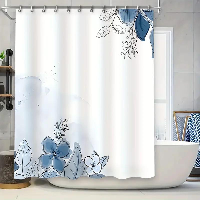 Blue Floral Design Shower Curtain for Bathroom - Waterproof and Durable with Rust-Proof Hook Suitable for Wet and Dry Separation