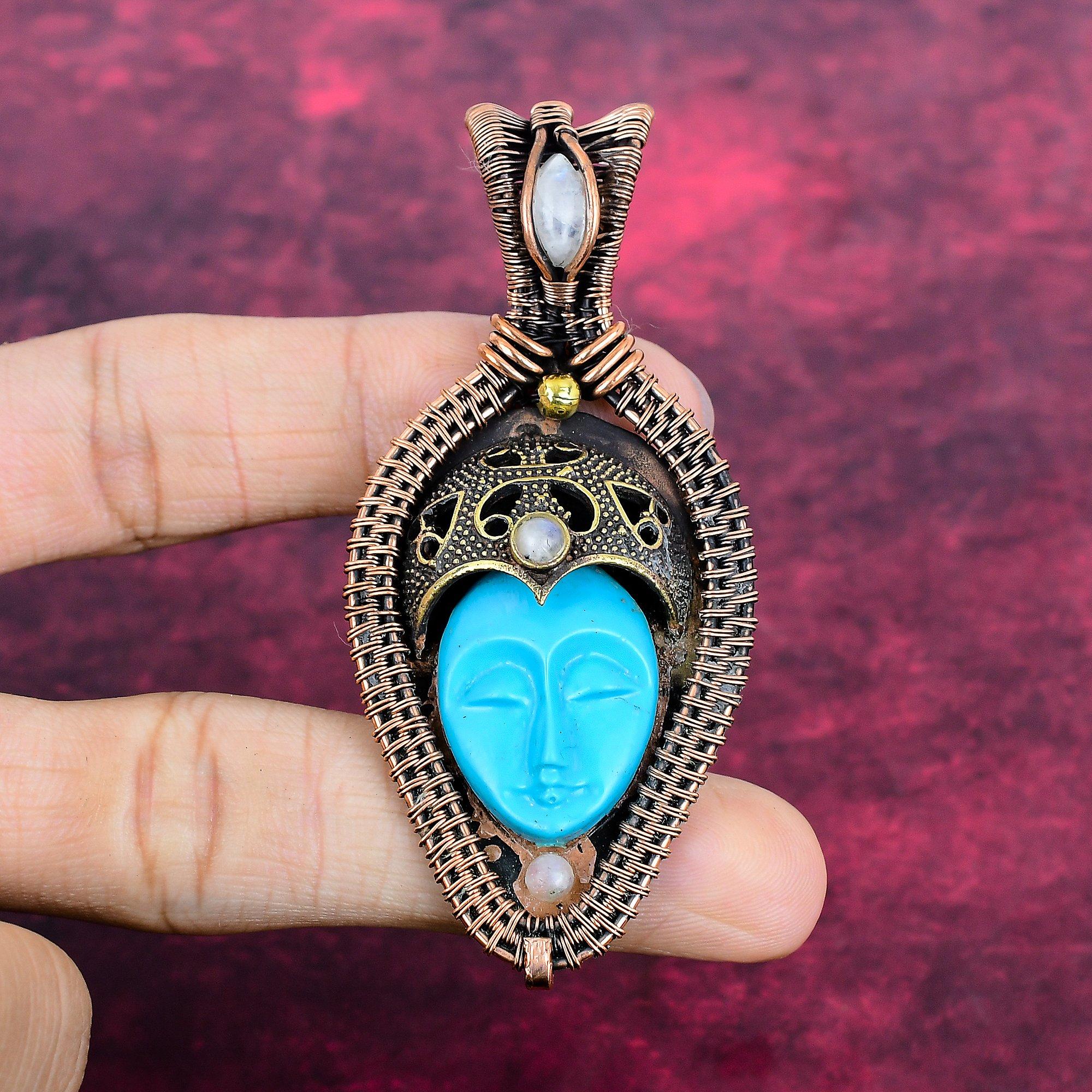 Blue Carved Bone Face Pendant Copper Wire Wrapped Pendant Handmade Jewelry Rainbow Moonstone Pendant Gemstone Copper Jewelry