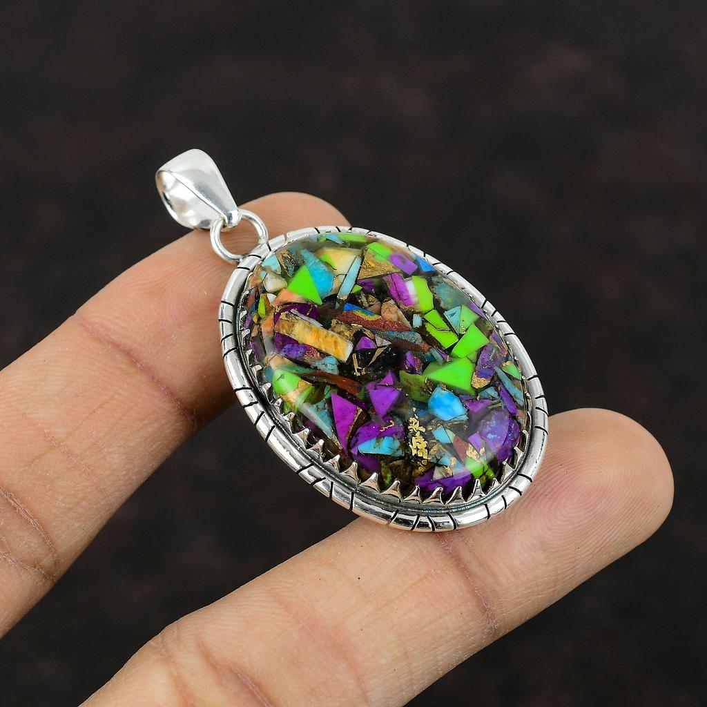 Fiesta Kingman Türkis-Anhänger, Multi-Kupfer-Türkis-Anhänger, 925er Sterlingsilber-Anhänger, handgefertigter Schmuck, Hochzeitsgeschenk, Edelstein-Anhänger