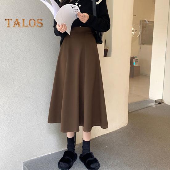 Women Midi Skirt High Waist A-Line Skater Skirt Solid Color Large Hem Commuting Style Office Lady Skirt Workwear