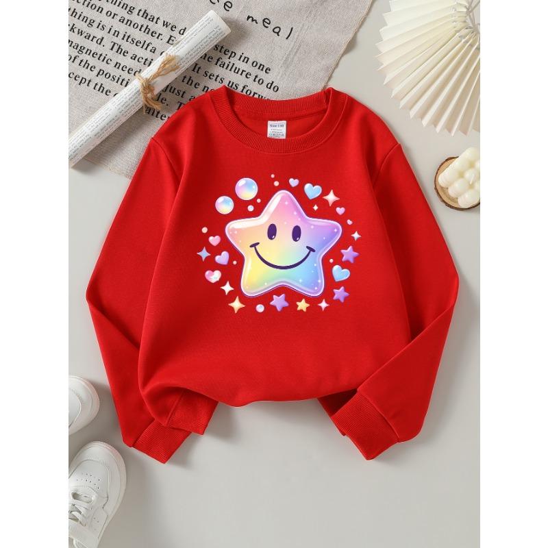 European Sizes Girls' Long-Sleeve Round Neck Sweatshirt "Rainbow Joyful Star" Print, Spring/Autumn, Casual, Daily & Sports.