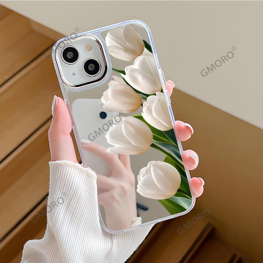 ins wind tulip flower suitable for iphone15 premium mirror mobile phone case 17pro women's makeup mirror