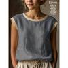 Womens Retro Loose Round Neck Solid Color Lace Splicing Sleeveless Linen Shirt