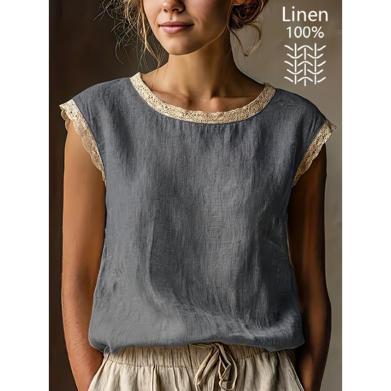 Womens Retro Loose Round Neck Solid Color Lace Splicing Sleeveless Linen Shirt