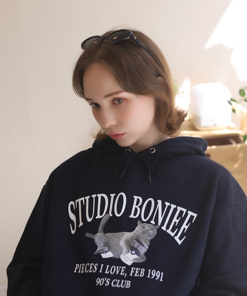[Fleece Lined] Flying British Cat Cat Graphic Logo Over Hoodie Navy