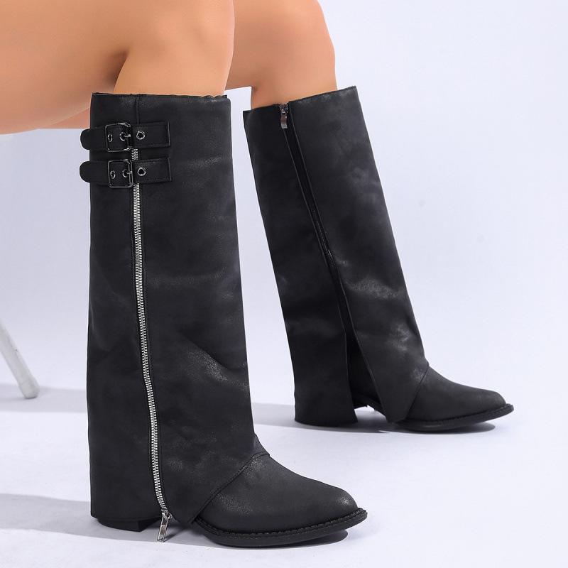 Pointed retro belt buckle high-heeled trouser boots autumn new large-size side zipper cowboy boots 43 чёрный 5760₽