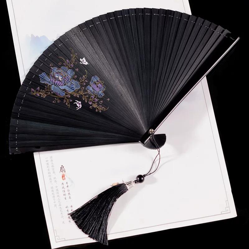 Bamboo Fan for Women, Traditional Style, Classical Black Folding Fan, Compact Hanfu Dance Fan, Portable Silk Cloth Fan