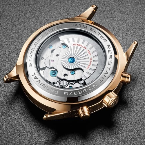 Carnival Men's Automatic Skeleton Leather Watch in Rose Gold and White