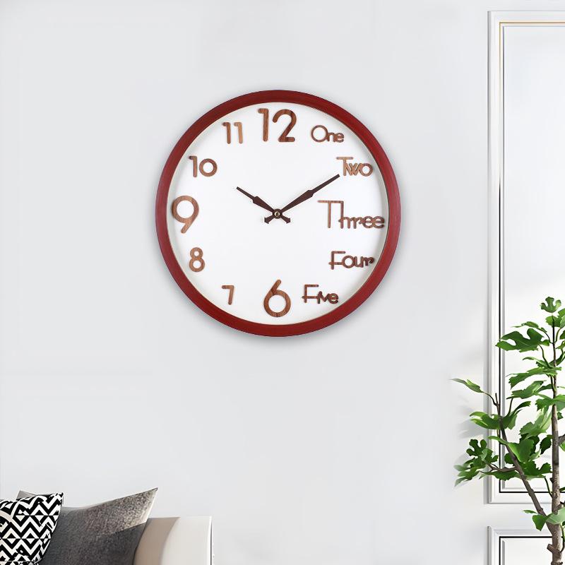 Artistic Wood Grain Wall Clock Three-dimensional Chinese and English Numbers Mixed Design Living Room Mute Fashion Decorative Quartz Clock