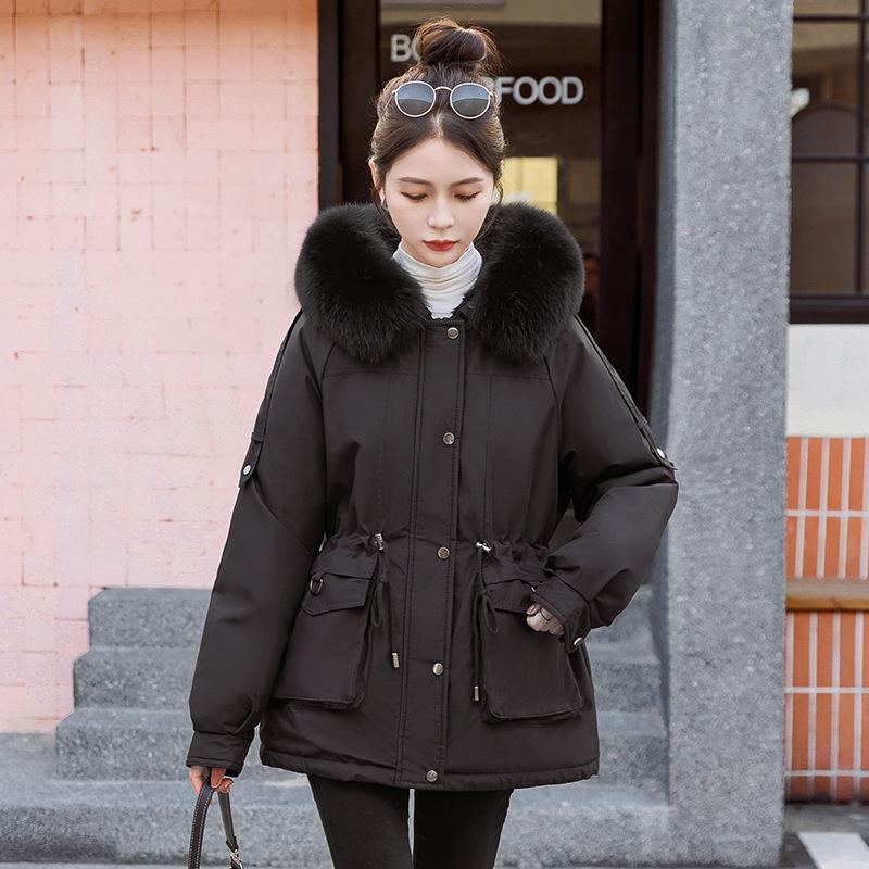 Autumn and Winter Parker Cotton Jacket, Medium To Long Length with Added Fleece, Big Fur Collar, Down Cotton Jacket, Thick and Warm Cotton Jacket
