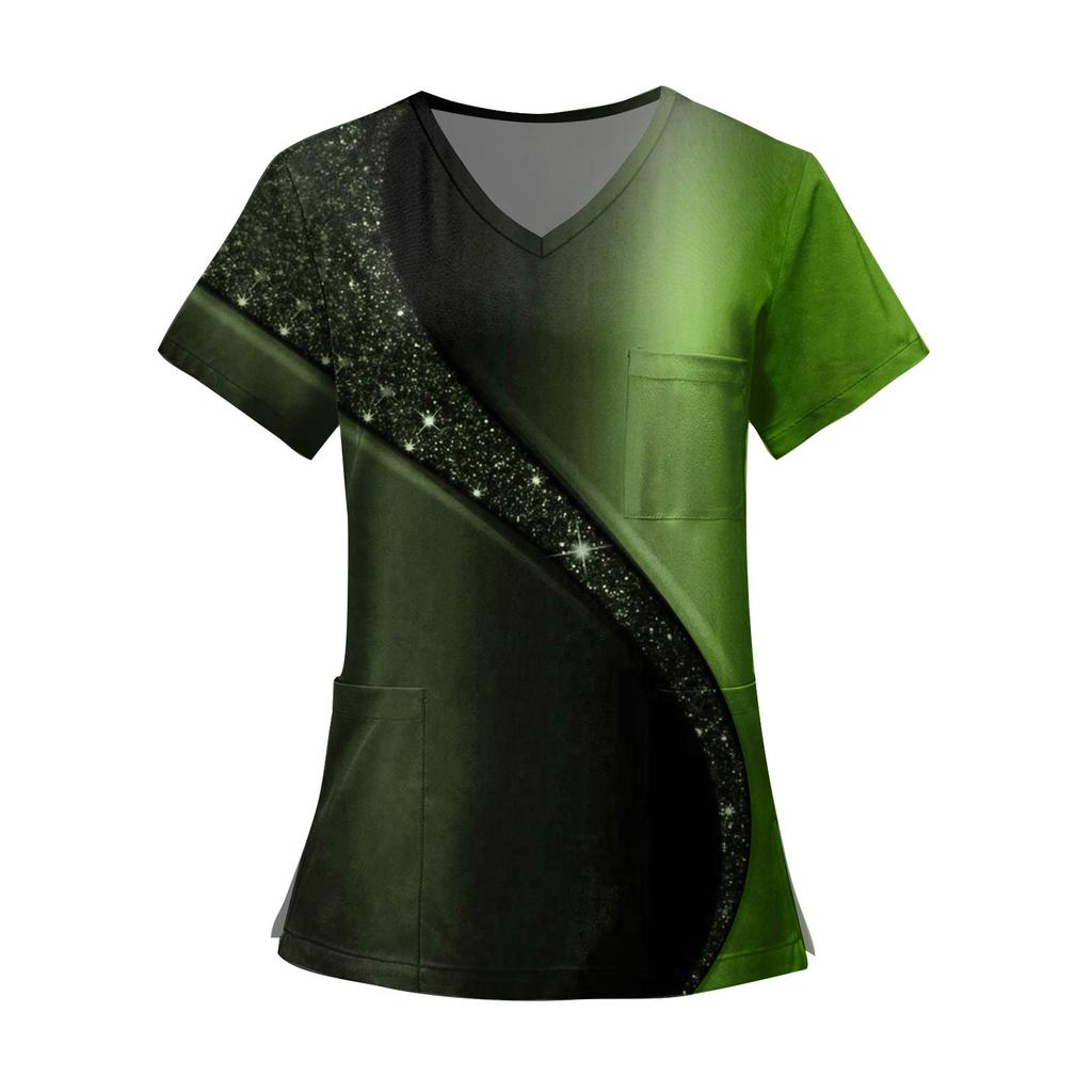 Women's Fashion Printed Short Sleeve V Neck Pattern Tops Pocket Working T-shirts