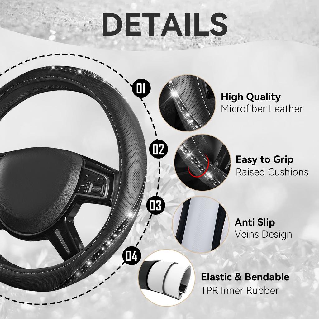 CAR PASS Krásný univerzální volant s kamínky z kůže, vhodný pro designový kryt, auto, SUV, sedan, nákladní automobil, protiskluzový (stříbrný)