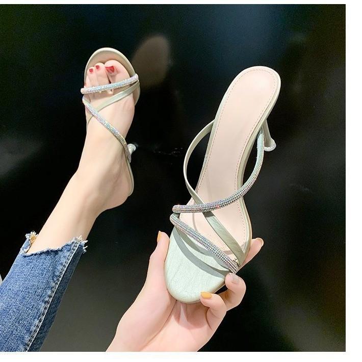 High Heel Slipon Sandals With Water Drilled Embellishments For Summer Wear