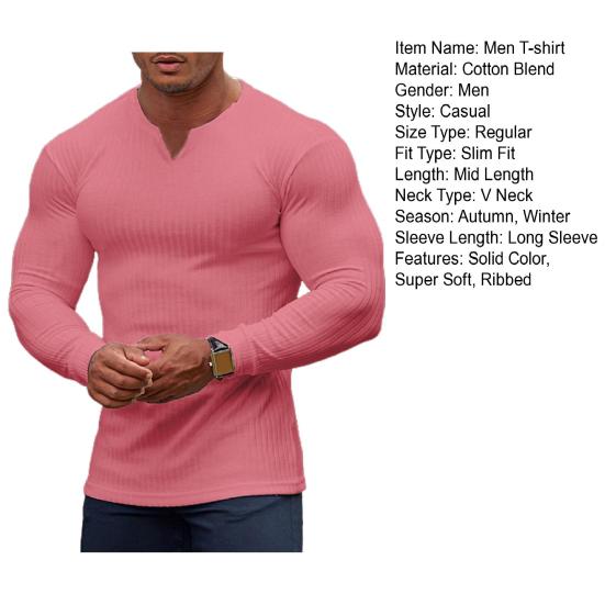 Men T-shirt Solid Color Ribbed Long Sleeve V Neck Streetwear Autumn Winter Bottoming Shirt Tee Shirt Men Clothing