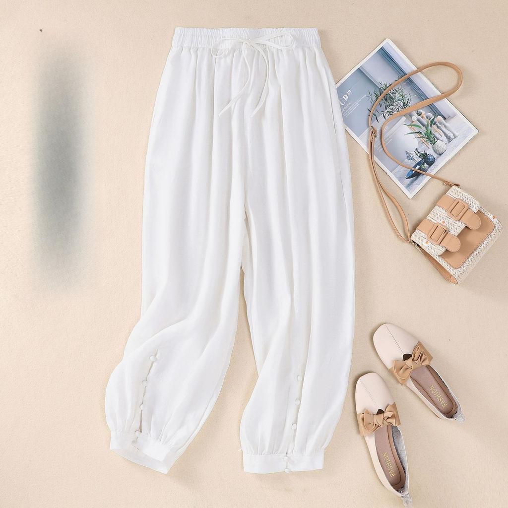 Sommer Literarisch Locker Einfarbig Baumwolle und Leinen Elastischer Bund Haremshose Neun-Punkt-Hose Damen Freizeithose