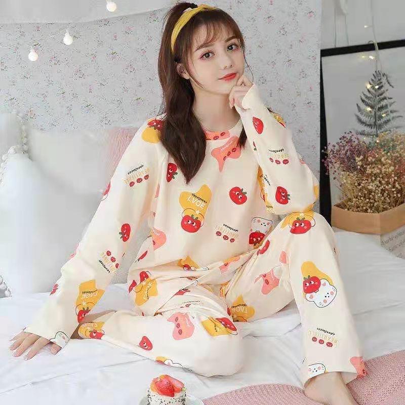 Women's Long-Sleeve Cartoon Pajama Set - Cute Korean Style Homewear for Autumn, Winter, Spring - Plus Size Available