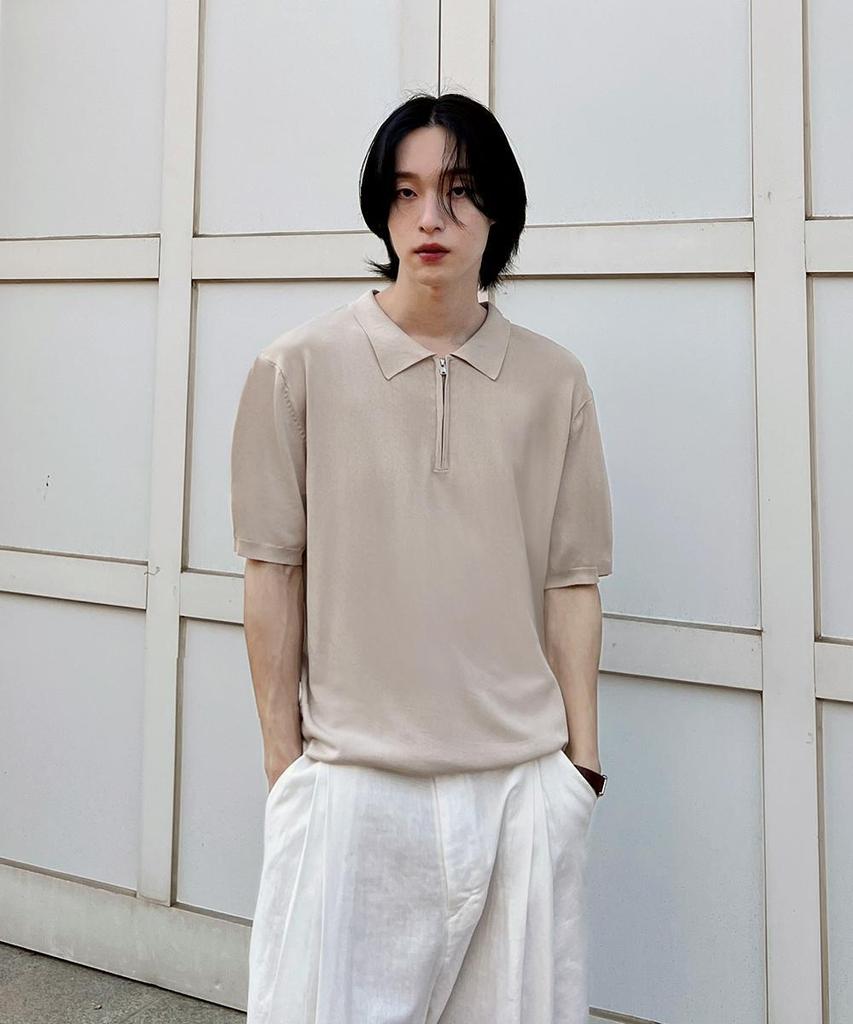 AGOD Washable Half-Zip Collared Short-Sleeve Knit [Beige]