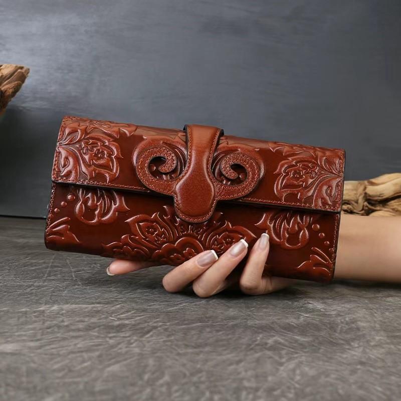 Johnature Genuine Leather Women's Long Wallet With Multiple Card Holders Retro Embossed Purse Chinese Style Handbag