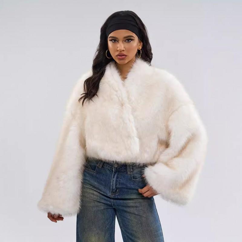 Womens Short Faux Fur Jacket Vintage Unique 2-Wear Plush Coat Fall Winter